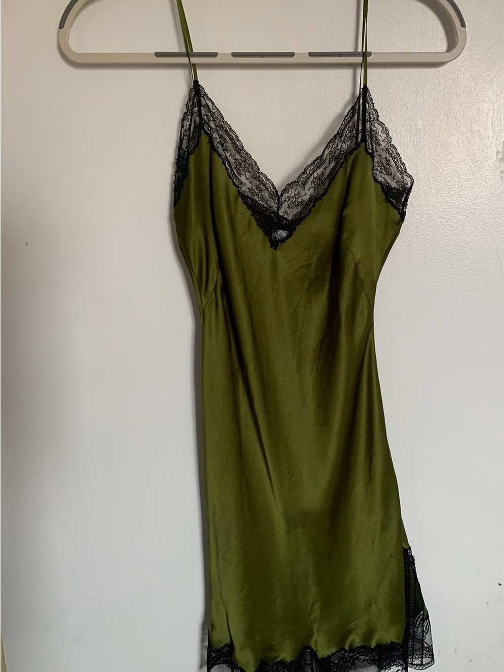 Burberry Olive Green Satin Slip with Black Lace Trim